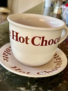Shonfeld’s Cream color Ceramic Hot Chocolate Cup & Saucer Set w/Brown Lettering